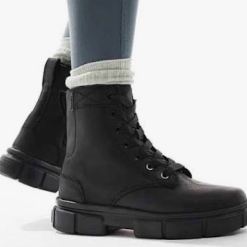 Sorel Explorer Black Leather Lace-Up Combat Boots Side Zip Women size 8